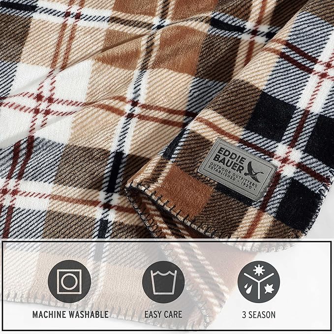 Eddie Bauer - King Blanket, Reversible Plush Bedding, Plaid Home Decor, Oeko-Tex Certified (Tralhead Plaid Beige, King)