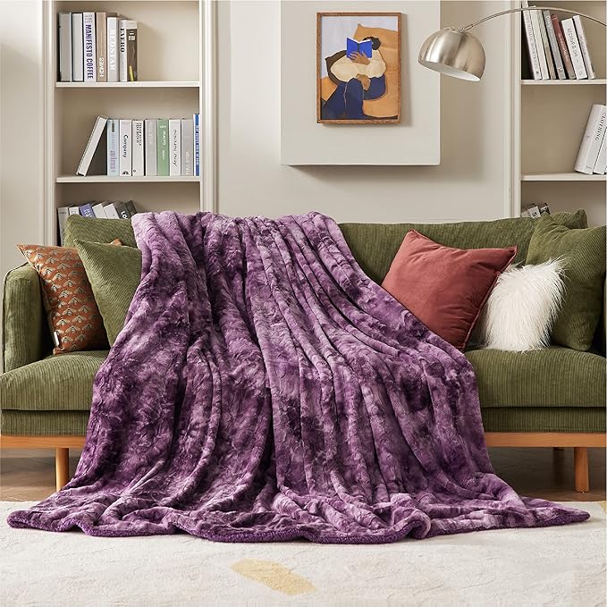 Bedsure Sherpa Blanket Queen Size - Soft, Fuzzy & Fluffy Faux Fur - Warm, Cozy Blanket for Couch, Sofa and Bed, Tie Dye Design, Purple, 90x90 Inches