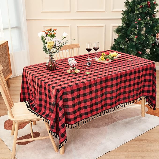 Buffalo Plaid Rectangular Tablecloth-Cotton Gingham Table Cloth for Kitchen Restaurant Farmhouse Christmas Holiday Decor (Rectangle/Oblong, 55x120,Red and Black)