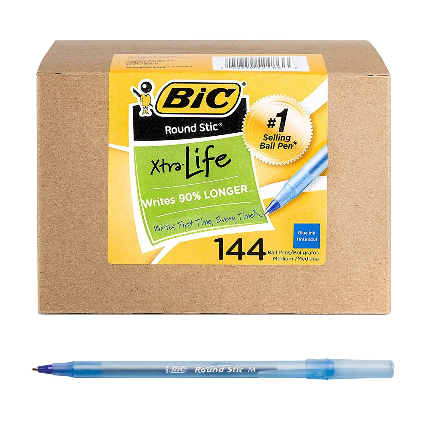 BIC Round Stic Xtra Life Ballpoint Pen, Medium Point (1.0mm), Blue, Flexible Round Barrel For Writing Comfort, 144-Count