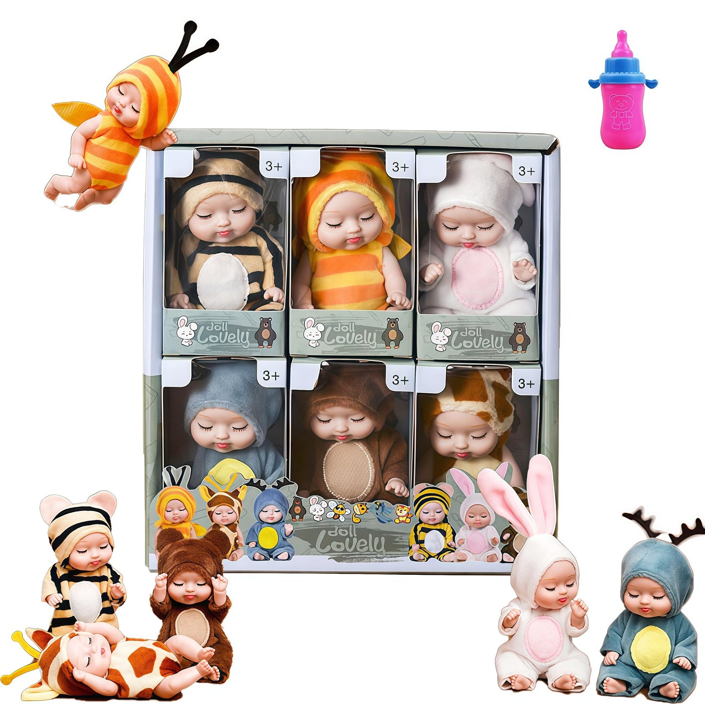 WOPLQA Miniature 3.5 "Recycled Baby Doll, Washable PVC Materialwith, Clothes and hat Toys, 6 pc Baby Doll and 1pc Toy Bottles
