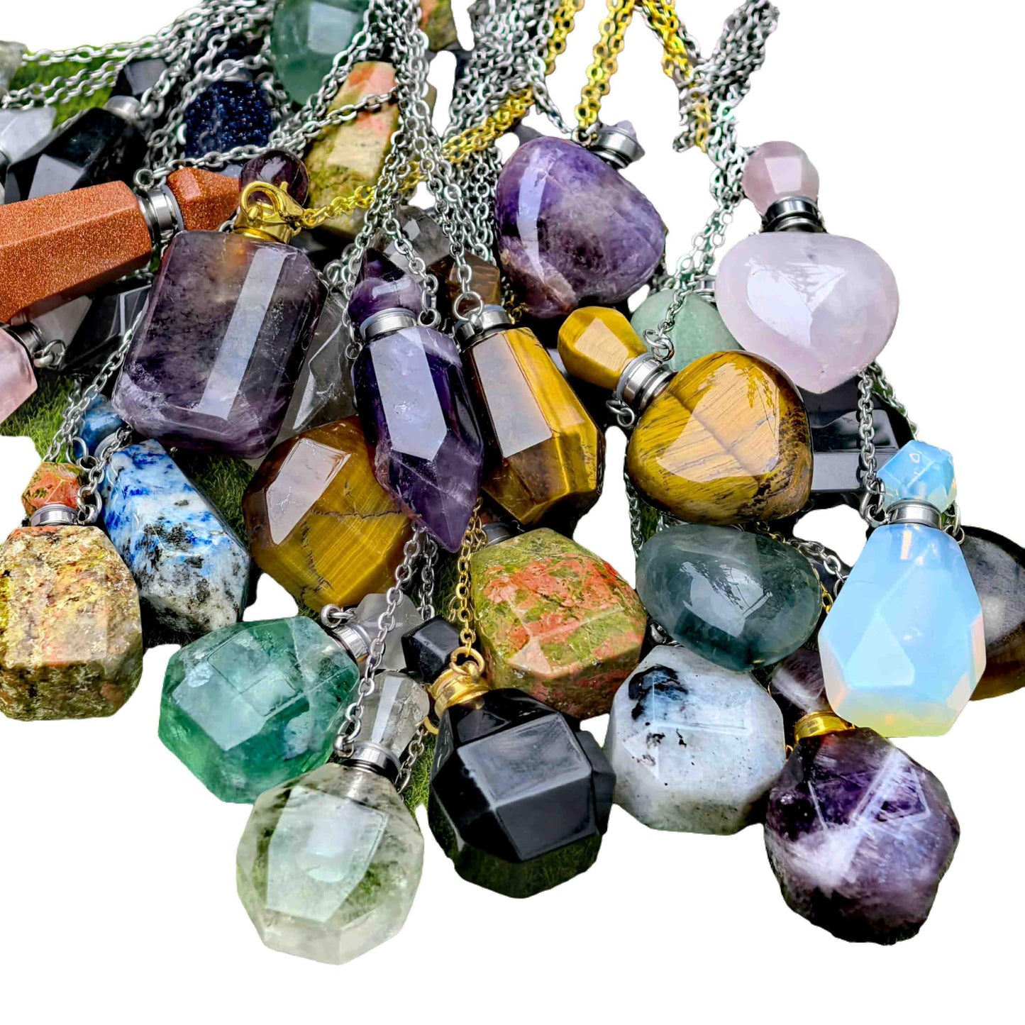 Crystal Quartz Perfume Bottle Pendant Necklace, Essential Oil Diffuser Vial jewelry, Reiki Healing Crystal accessories Gift for Women (golden chain/column,tiger's-eye)