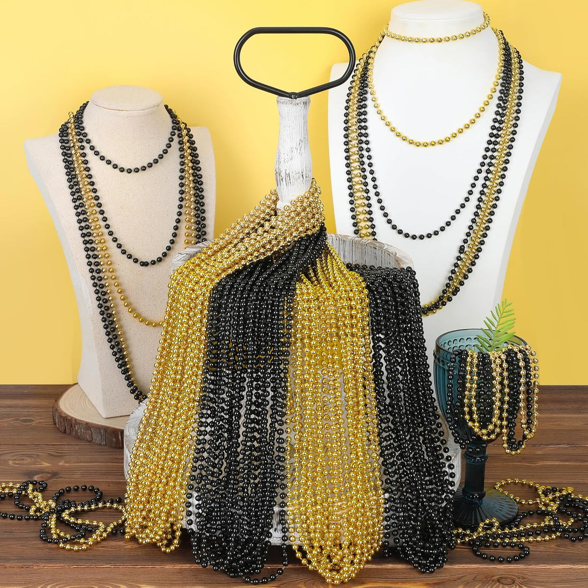 15PCS New Years Eve Bead Party Supplies, Black Gold Bead Necklace Decorations, 33" New Years Graduations Beads Necklaces Supplies, Festival Graduations New Years Party Supplies Accessories Bulk