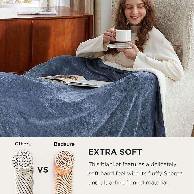 Bedsure Sherpa Fleece Oversized Cal King Blankets for Bed - Thick and Warm, Soft Fuzzy Plush Large Blanket for Winter, Slate Blue, 112x98 Inches
