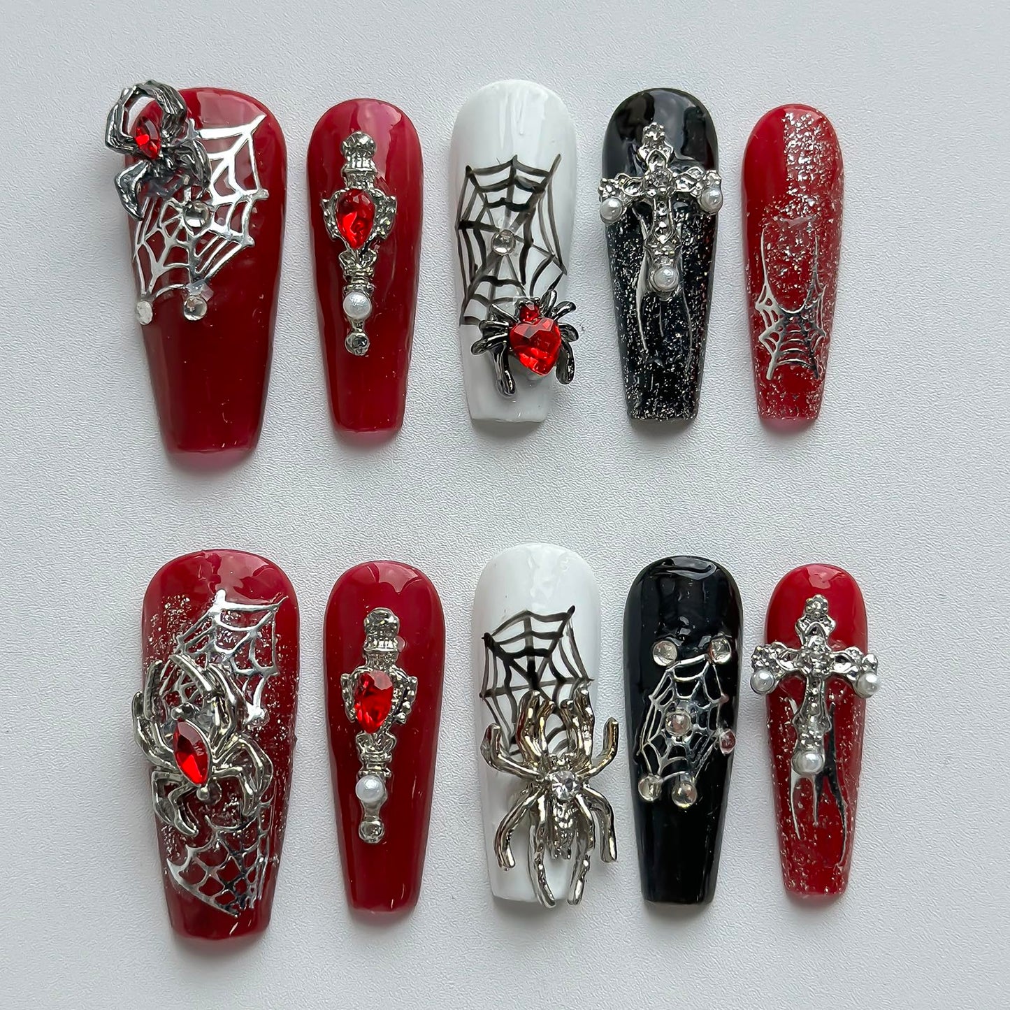 Luxury Halloween Press on Nails Medium Coffin Handmade 3D Unique Reusable ABS Material Fake Nails Gothic False Nails with Designs Spider Charms Spider Web Glossy Glue on Nail Thick Acrylic Nail(M)