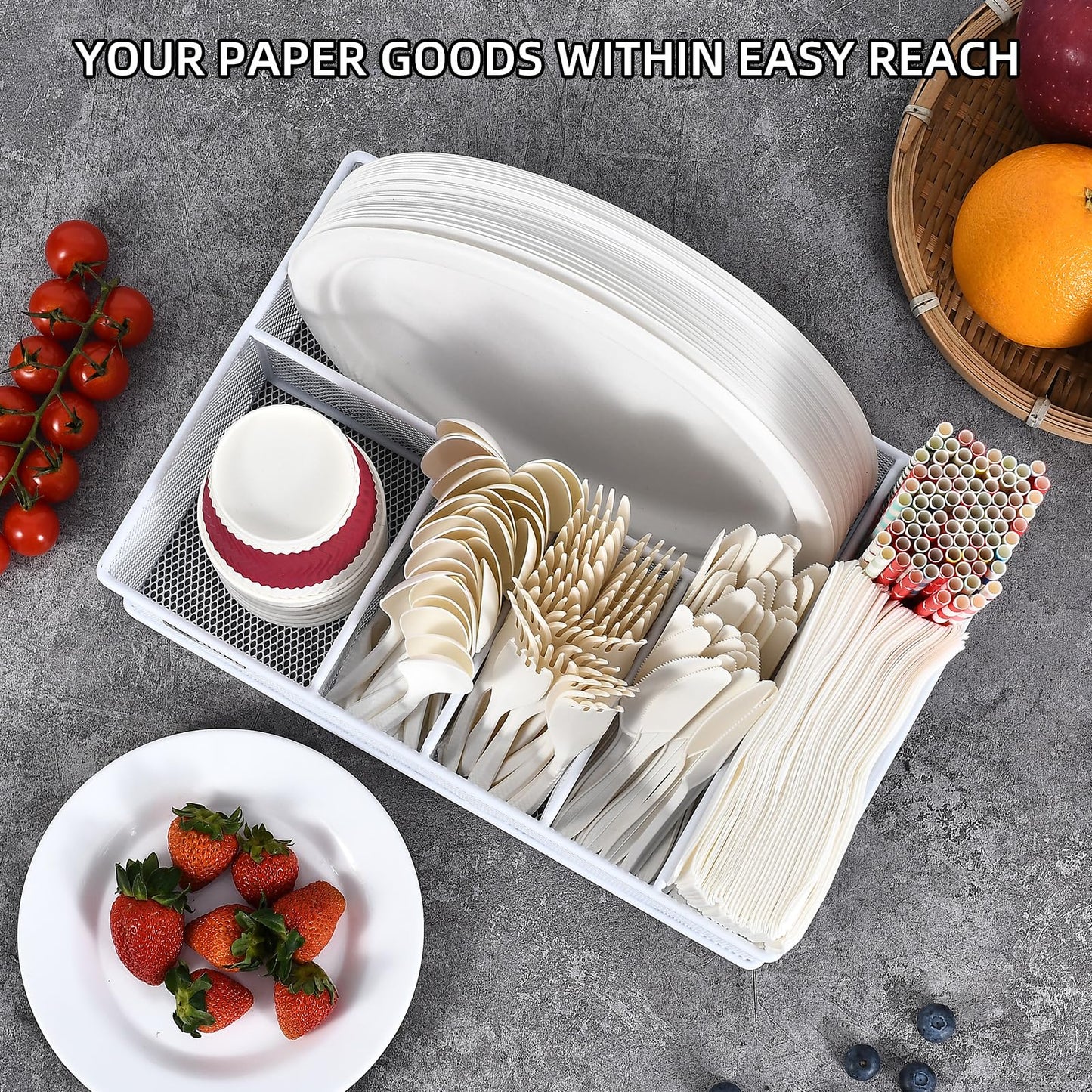 VIKEYHOME Paper Plate Organizer, Metal Silverware Caddy with 6 Compartments for Knives, Spoons, Cups, Forks, Napkins, Utensil Holder for Party, Camping, Picnic, White