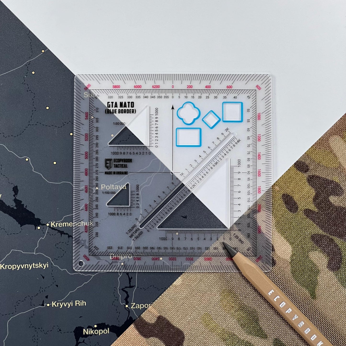 Ecopybook Flexible GTA NATO Army Protractor, Square Map Military Protractor for Land Navigation, 125x125mm, Matte Anti-Glare Army Coordinate Scale