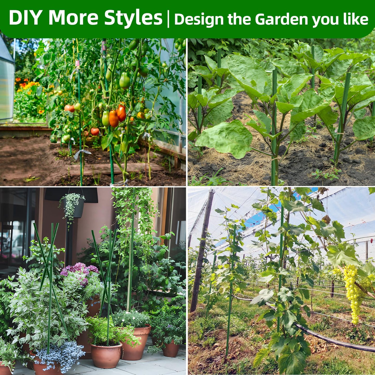 Fabulas Garden Stakes 16 Inch 70 Pack, Diy 4ft 5ft 6ft 7ft 8ft Tomato Stakes Plastic Coated Metal Plant Sticks Stakes Supports with 40 Connectors 30 Rotatable Clips for Indoor Outdoor Plants Vegetable