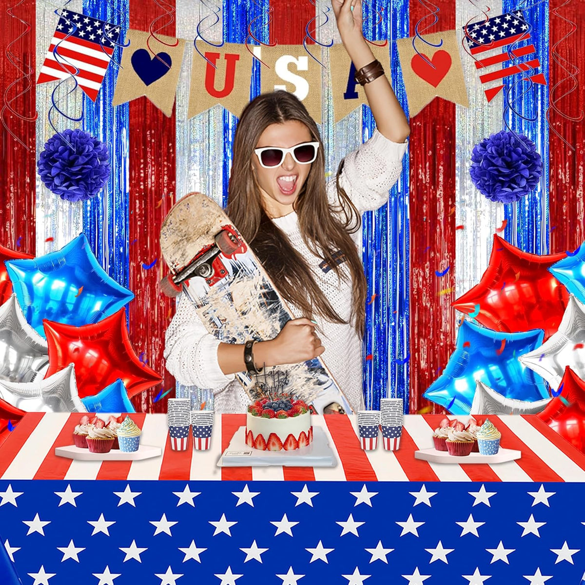 Melsan 2 Pack 3.2 ft x 8.2 ft Tinsel Foil Fringe Curtains Backdrop, Sparkle Metallic Tinsel Foil Curtains for 4th of July Independence Day Patriotic Decorations Party Photo Booth Props, Navy