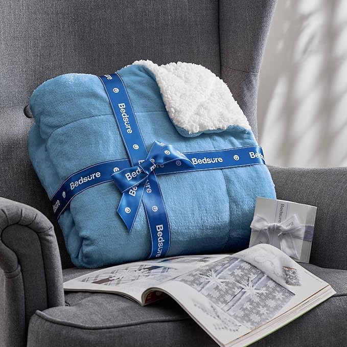 Bedsure Sherpa Fleece Blankets King Size for Bed - Thick and Warm, Soft Fuzzy Plush King Blanket for Winter, Washed Blue, 108x90 Inches