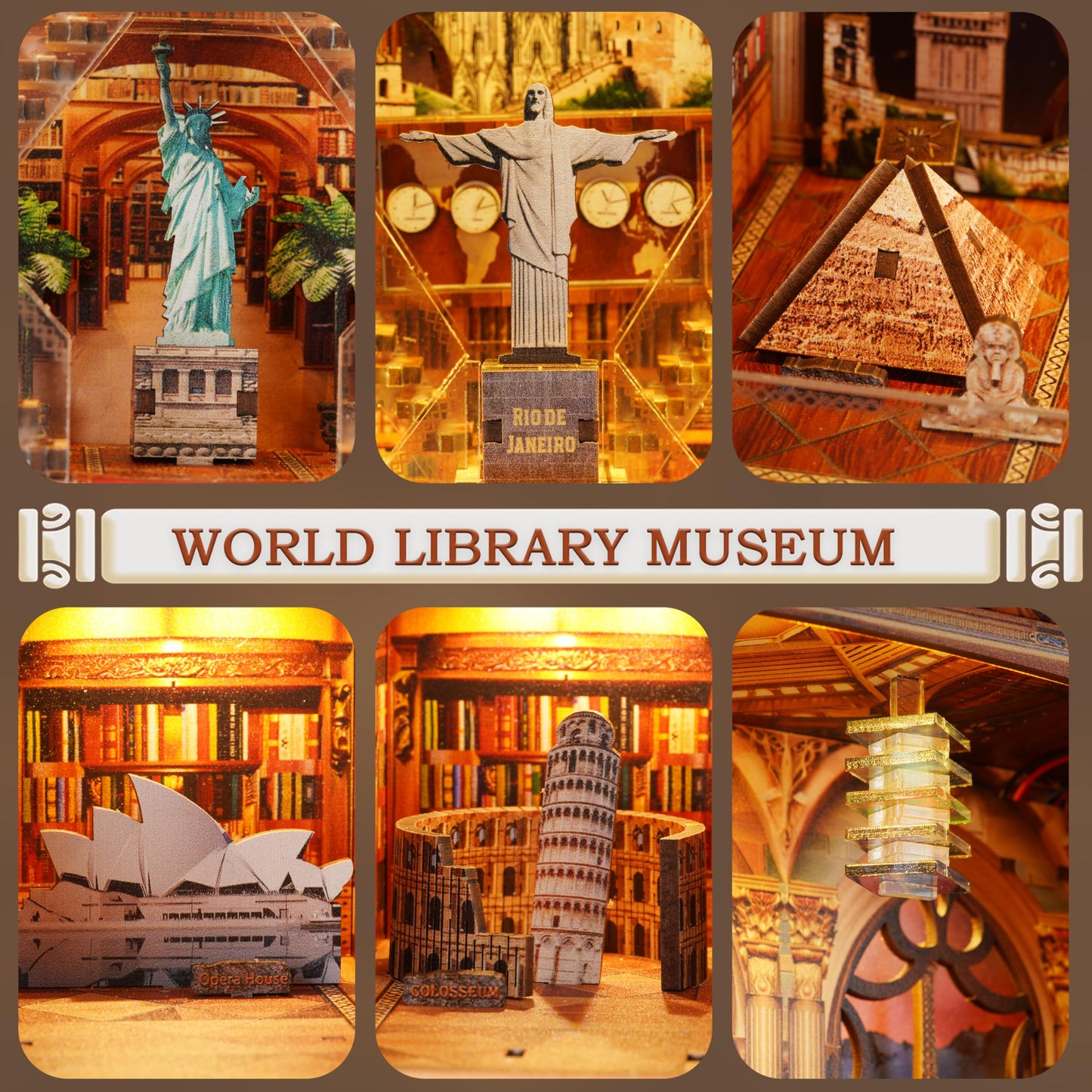 Book Nook Kit - DIY Miniature World Library Booknook - 3D Wooden Puzzle with LED Lights - Creative Bookshelf Insert & Educational Gift for Adults