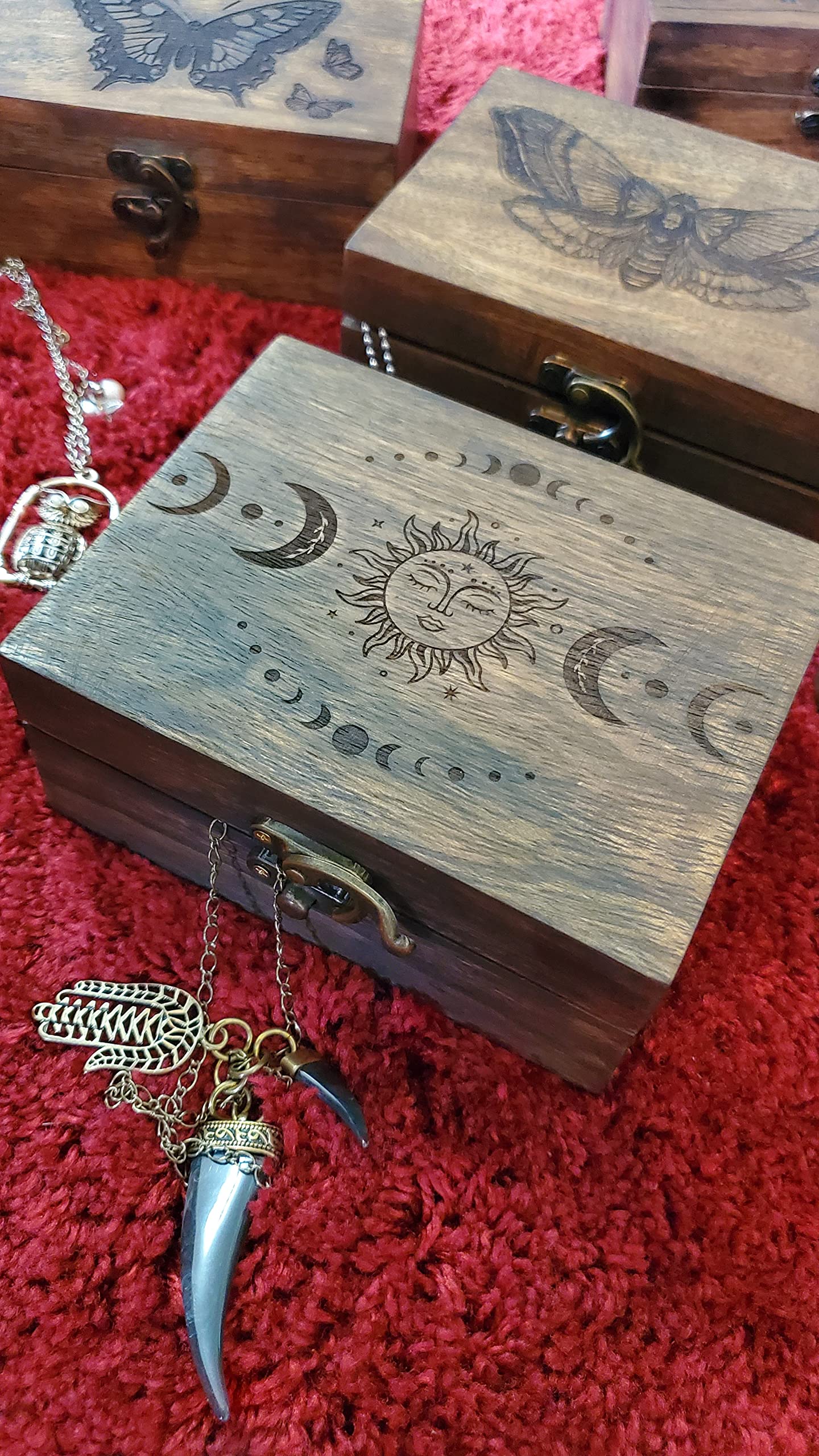 Engraved Wooden Tarot Box for Cards Crystal Holder | Sun and Moon Fortune Telling Astrology Trinket Keepsake Box. Fengshui Luck Talisman Decorative Gift Case/Holder