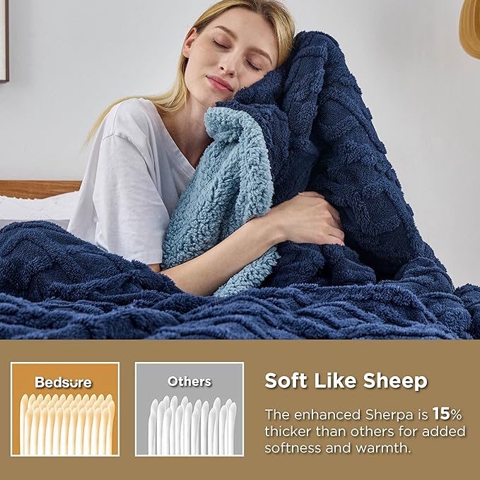 Bedsure Sherpa King Size Blanket for Bed- GentleSoft Fleece Fluffy & Cozy Cable Jacquard Tufted for Women Gift, Thick and Warm Blankets for Winter, Navy, 108x90 Inches