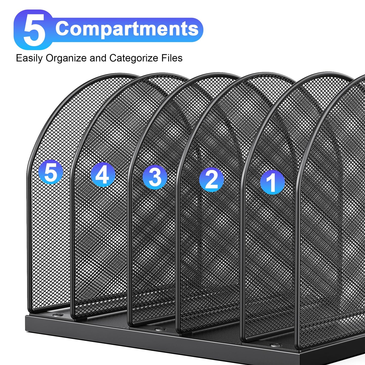 gianotter Desktop File Organizer, Desk Organizer with 5 Compartments, Paper Organizer for Desk, Workspace Organizers for Office Supplies (Black, Upright Style)