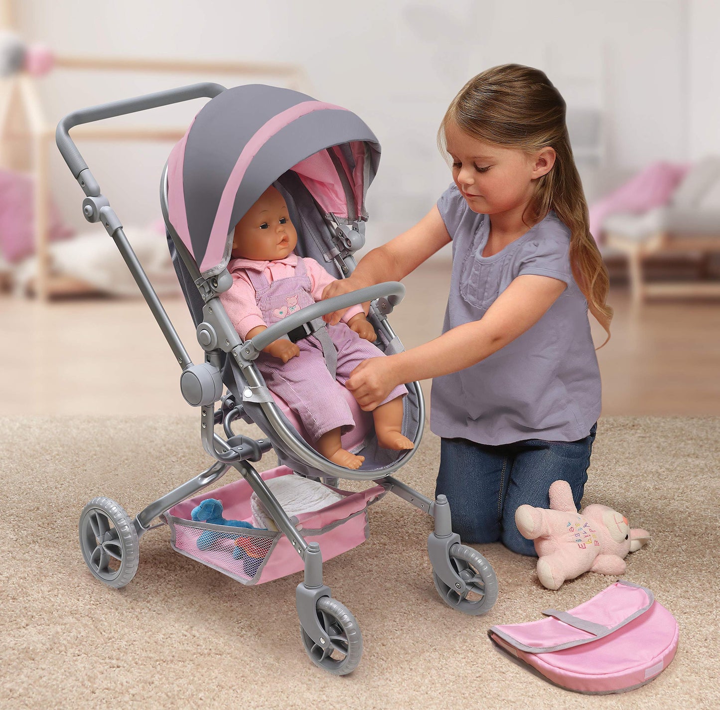 Badger Basket Foldable Doll Stroller & Pram for Dolls - Convertible Toy with Canopy, Basket & Soft Handle - Lightweight, Easy to Use for Girls Ages 3+- Gray/Pink