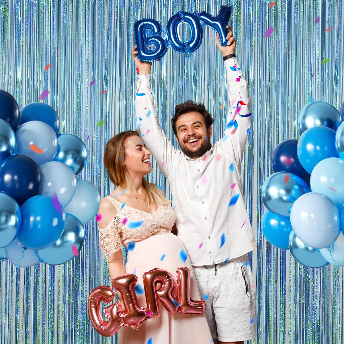 Melsan 2 Pack 3.2 ft x 8.2 ft Tinsel Foil Fringe Curtains Backdrop, Sparkle Metallic Foil Curtains for Party Photo Booth Props Baby Shower Memaid Decoration, Light Blue