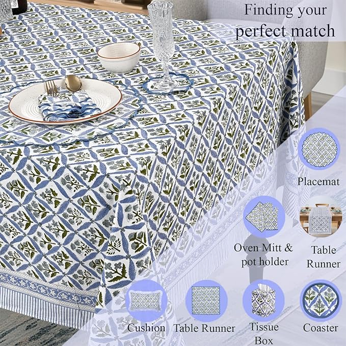 Ridhi Hand Block Print Light Steel Blue Rectangle Cotton Tablecloth 118" x 70" Reusable Table Cover Decorative Everyday Use for Dining, Farmhouse, Home Gift for Spring, Easter, Valentine
