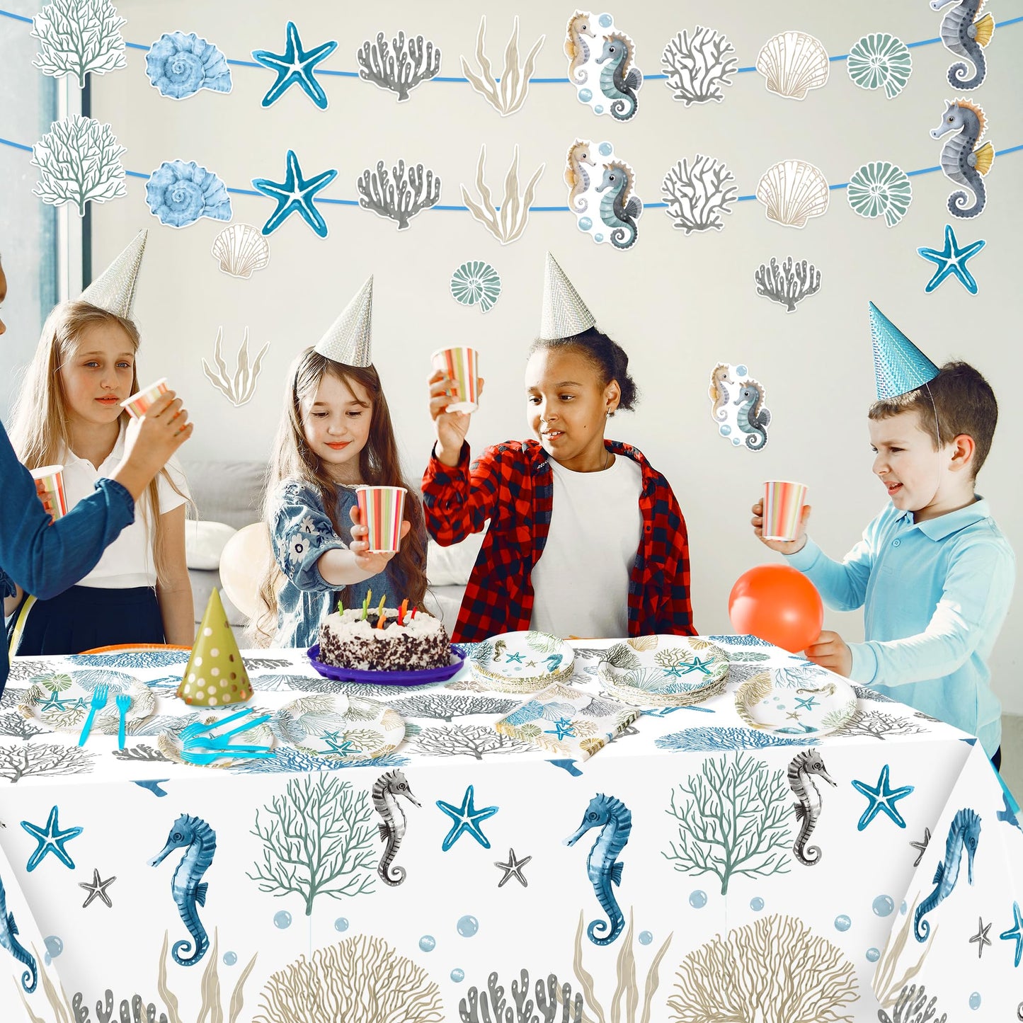 G1ngtar Ocean Seashell Party Decoration Set - Serves 24- 112Pcs Nautical Coastal Beach Summer Themed Tableware Disposable Plate Napkin Tablecloth Banner Card for Birthday Party Supplies