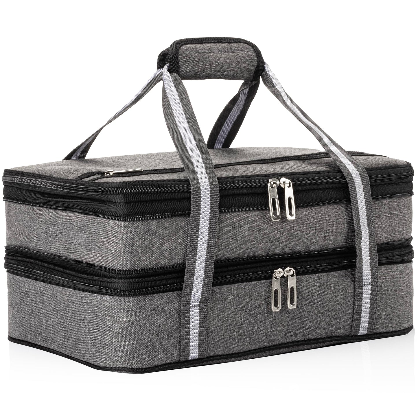 Stack Store Plus More Insulated Casserole Carrier for Hot or Cold Food, Lasagna Holder for Picnic, Potluck, Cookout - Fits 9” x 13” and 11” x 15” Baking Dish – Expandable Double Thermal Bag in Gray