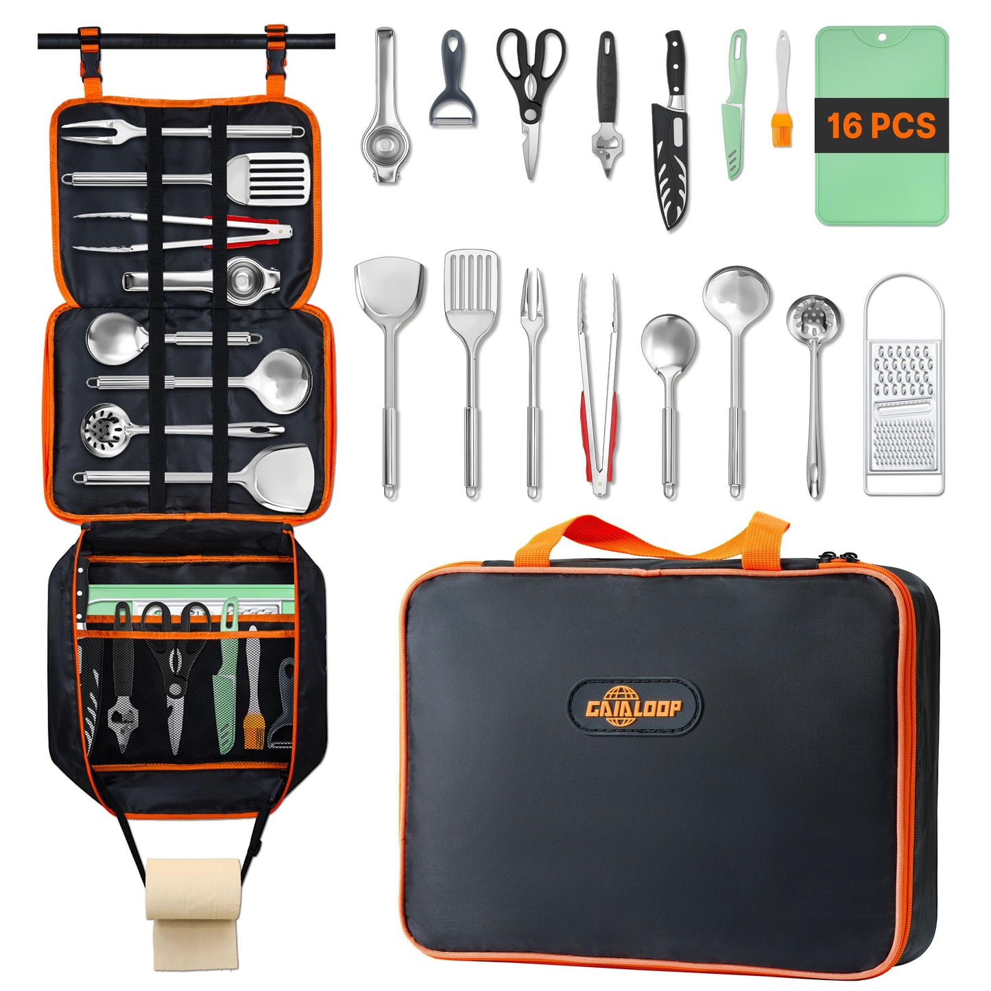 GAIALOOP Camping Cooking Utensils Set 16 PCS Camp Kitchen Cookware Kit with Organizer Bag, Portable RV Camping Essentials Camper Must Haves for Cookouts Open Fire Pit