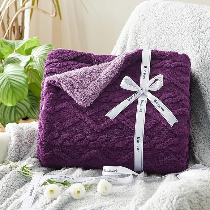 Bedsure Sherpa Fleece Blanket Twin Size for Bed - GentleSoft Fluffy & Cozy Cable Jacquard Tufted for Women Gift, Thick and Warm Blankets for Winter, Purple, 60x80 Inches