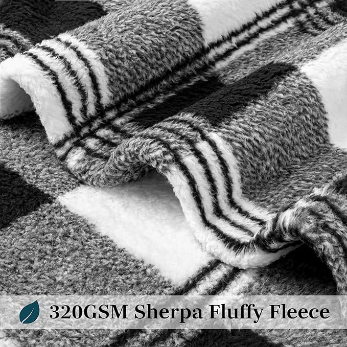 PAVILIA Sherpa Throw Blanket for Couch Sofa, White Black Fluffy Warm Plush Blanket for Bed, Cozy Super Soft Lightweight Throw, Fuzzy Decorative Blanket, All Season Home, 50x60