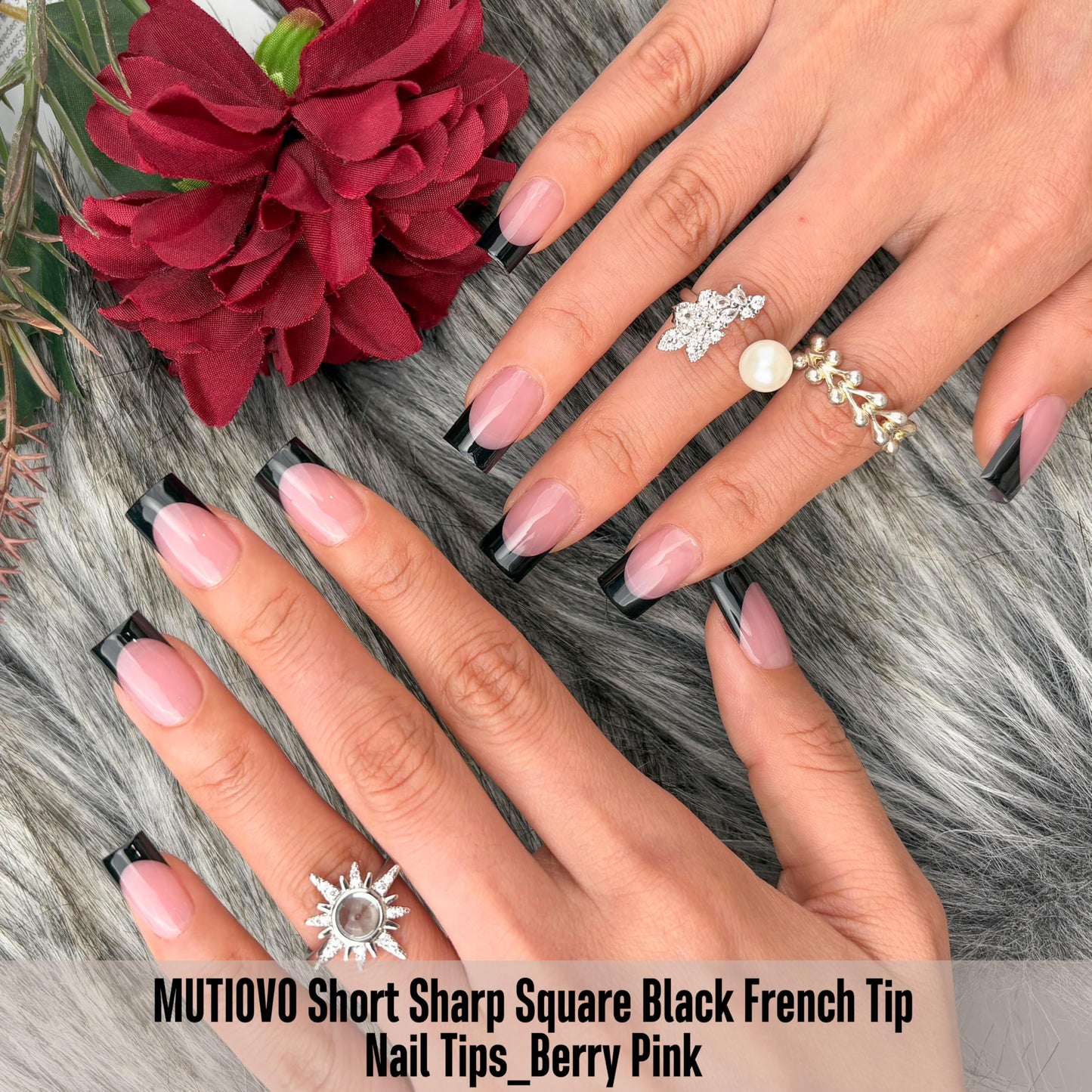 MUTIOVO Black French Tip Short Straight Square Nail Tips Press on, BERRY PINK Extra Thick NEED Soft Gel Nail Extension, Need Builder gel & Top,Coat Full Cover False Nails, for DIY x 15 Sizes 150 pcs