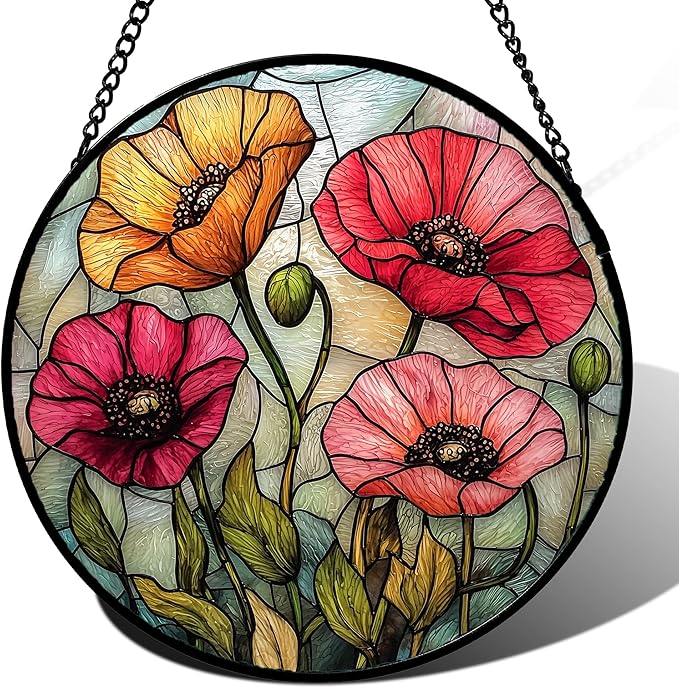Stained Glass Suncatcher, Red Orange Poppy Flowers Sun Catcher Silver Background Wildflowers Window Hanging Decor Christmas Mother Birthday Gifts for Women Men Mom Nana 7.8 in