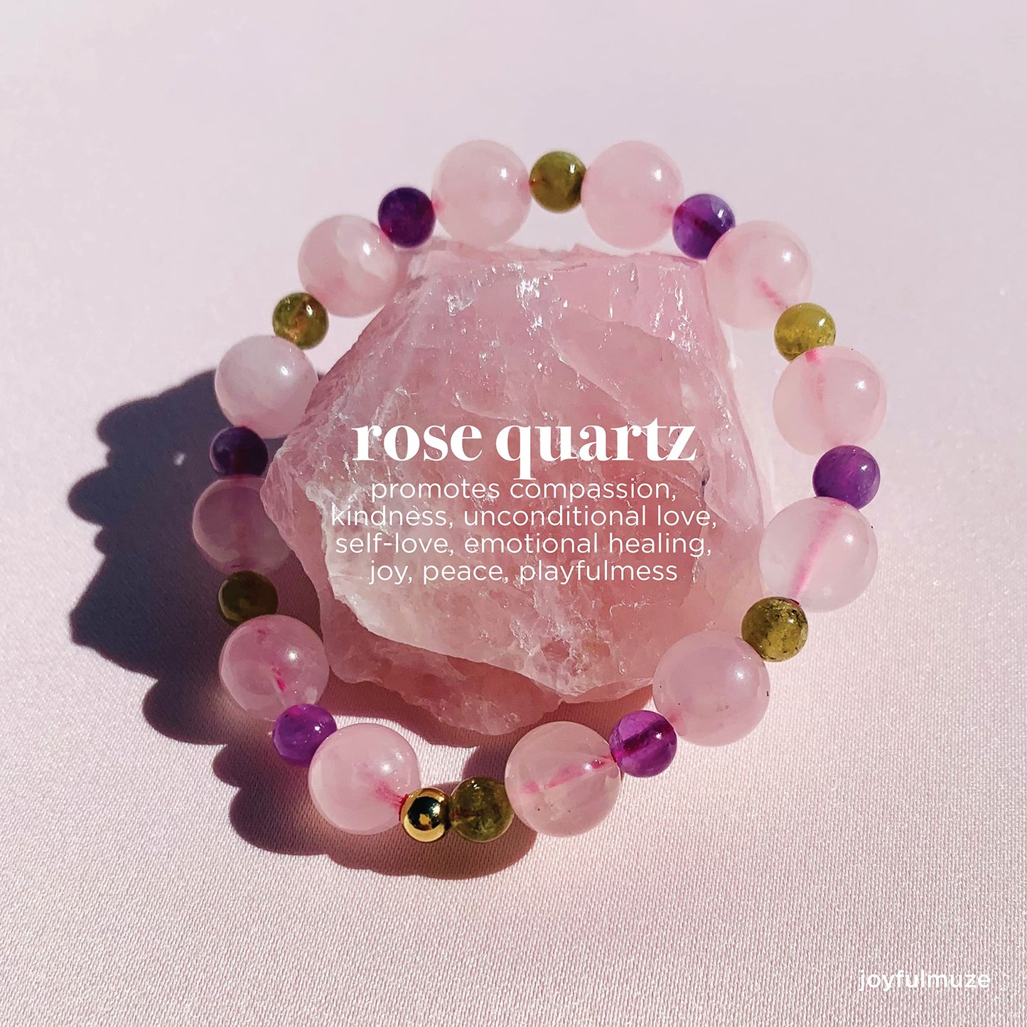 Joyfulmuze Rose Quartz Amethyst Peridot Stretch Bracelet, Natural Energy Crystal Stone Beads, Handmade Gift for Women Men, (Amethyst-Rose Quartz-Peridot)