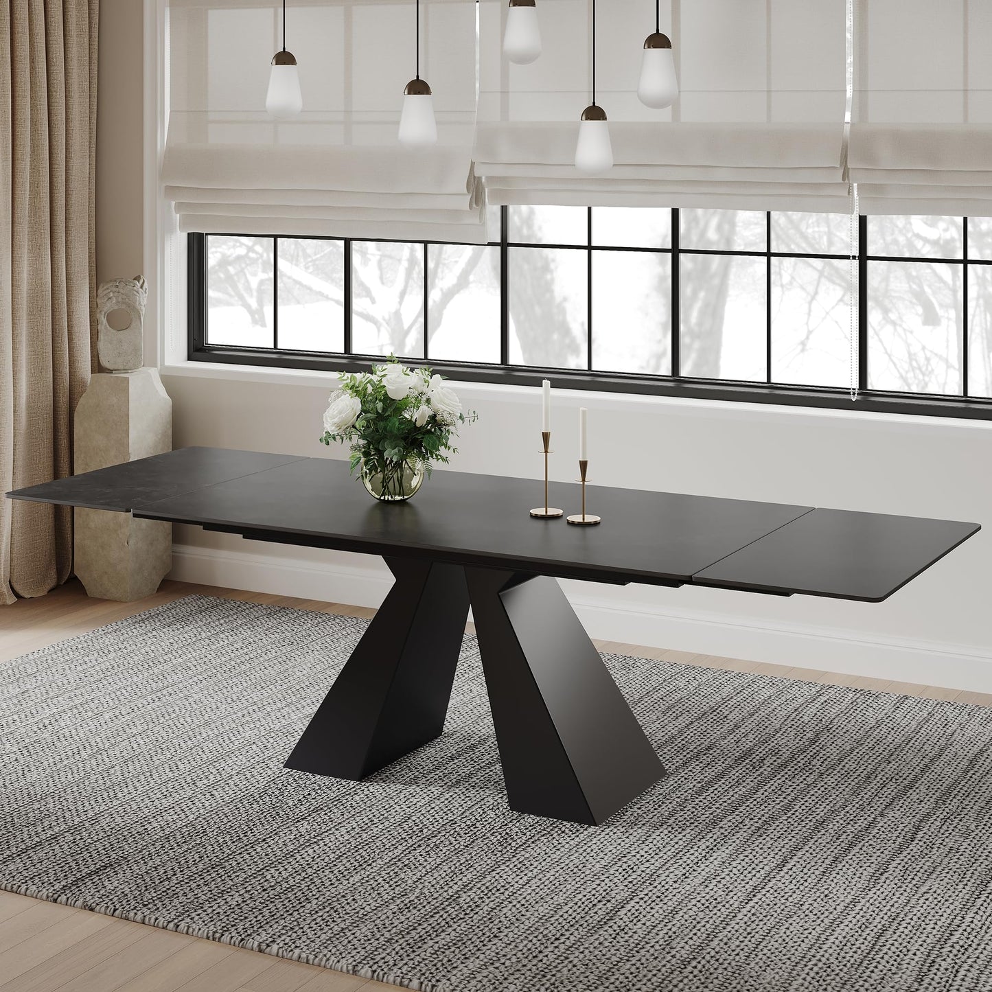 FHKJ Modern Expandable Dining Table- 63" to 94.5" Extendable Dining Room Table, Gray Sintered Stone Top with Black Metal Base - Seats 6-12, Easy Assembly (Table Only)