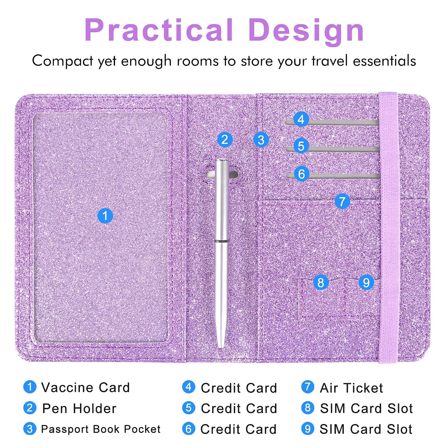Caweet Passport Holder and Vaccine Card Holder Combo RFID Blocking Leather Vaccination Card Wallet with Elastic Band Closure, Glitter Purple