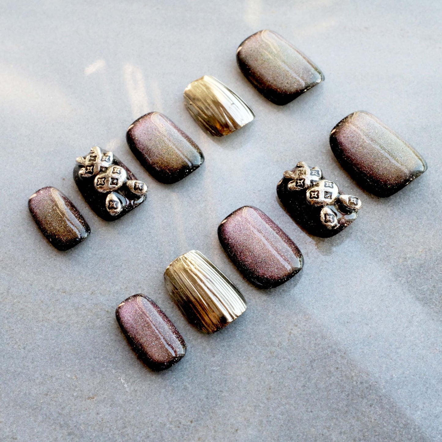 [GLORS] Purely Handmade Press On Nails | Purple Gold Bunny Cat-Eye Fake False Nail | Salon Quality Cute & Cool Short Nails in Square shape, 10 pieces (XS, SS)