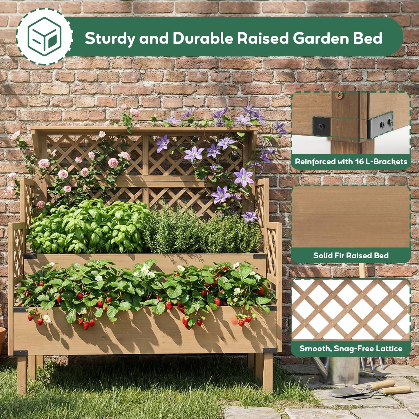 Raised Garden Bed with Trellis & Top Shelf, Outdoor Elevated Planter Box with 2 Planting Areas, Liner & Metal Corners for Climbing Plants, Vegetables, Herbs