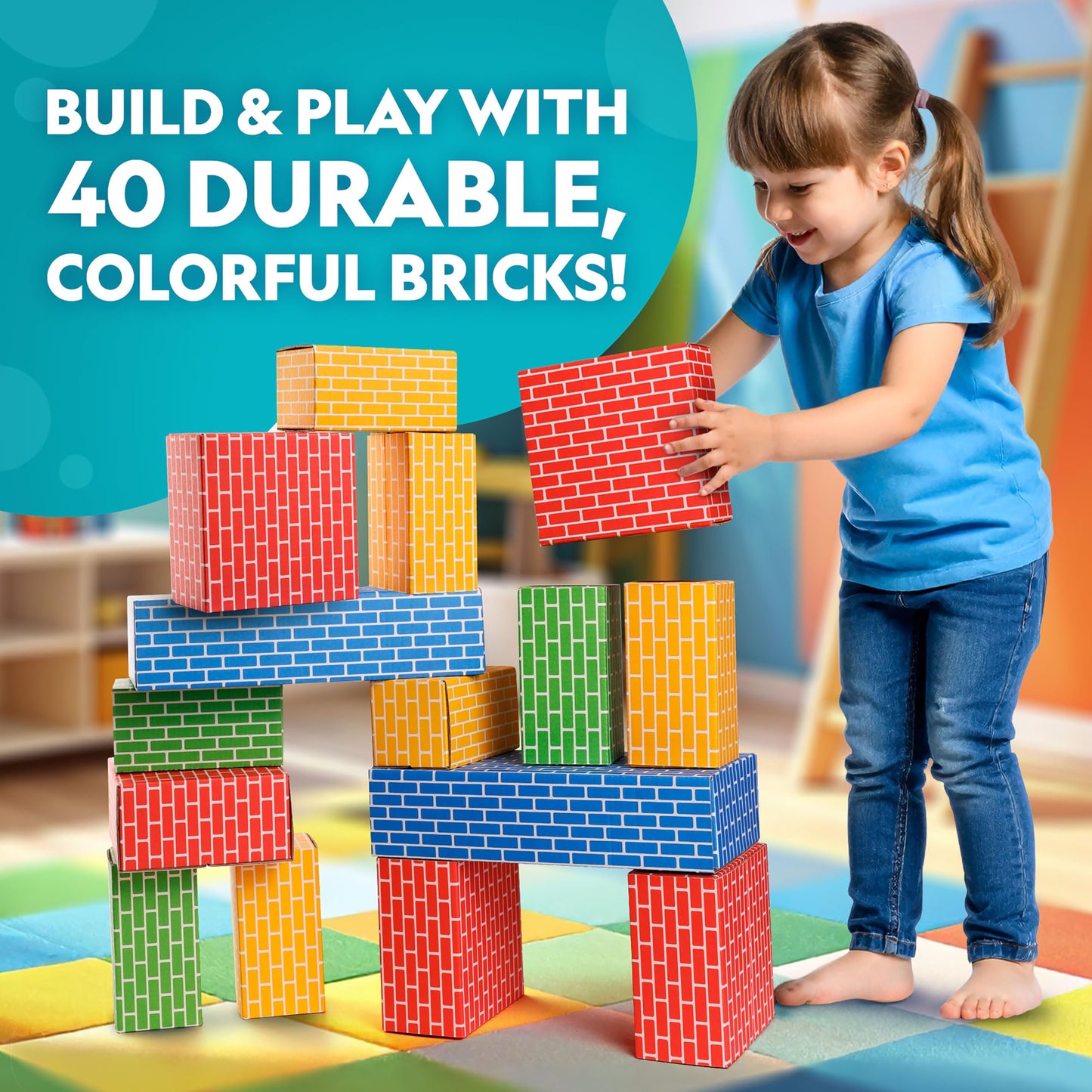 NATIONAL GEOGRAPHIC Kids Jumbo Cardboard Building Blocks – 40 Heavy-Duty Bricks in 3 Sizes, Build & Learn with Game Spinner & Activity Cards for Kids 3+, Indoor Play Construction Toy for STEM Learning