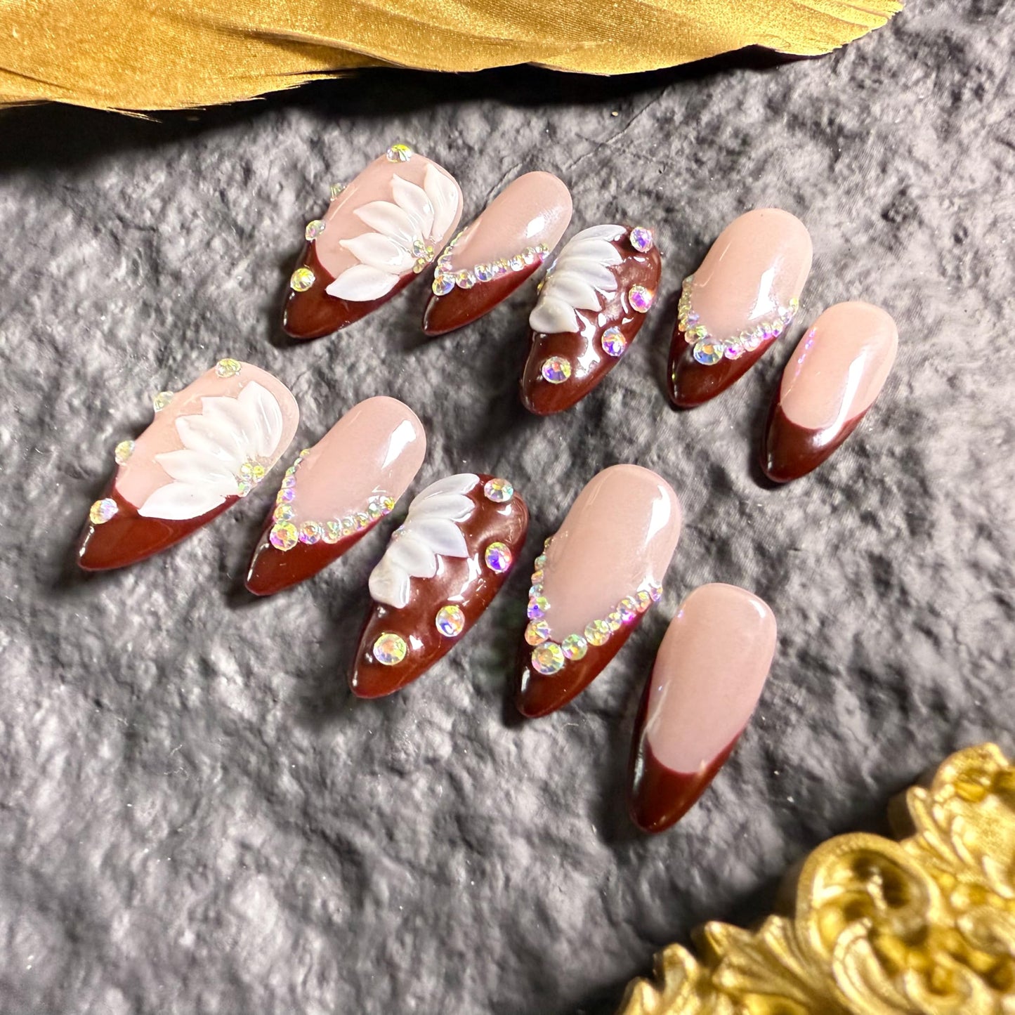 Handmade Press On Nails Almond Medium Elegant Cherry Red French With Rhinestone Detail Handmade Nails 3d Dloral Reusable Wedding Prom And Festival Acrylic Press On Nails (Short)