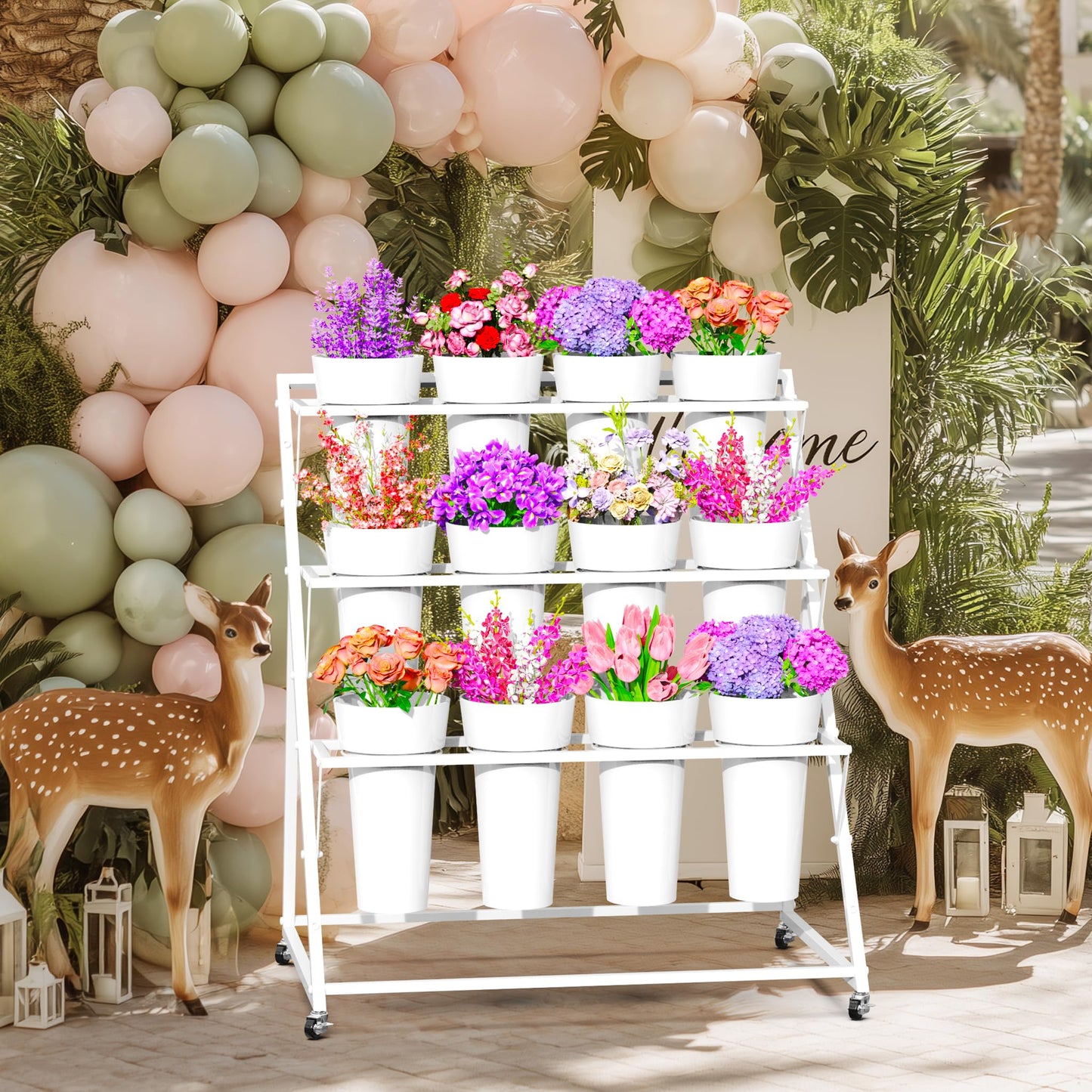 VGMiu Flower Display Stand with 12 Buckets, White Flower Cart with Wheels 3 Layers Metal Flower Bar Stand Moving Flower Stand Florist Bouquet Shelf for Weddings Party Ceremony Indoor Outdoor Garden