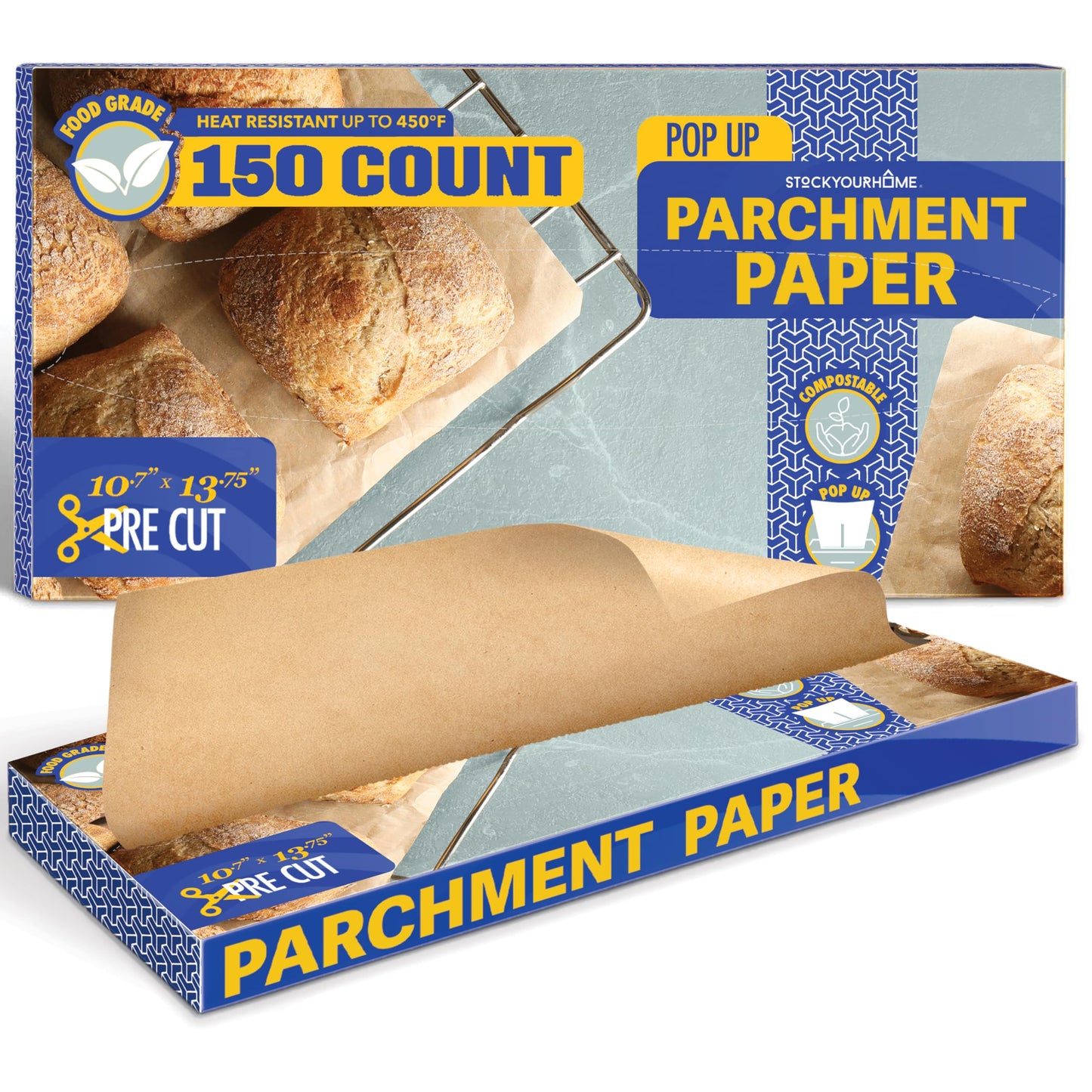 Stock Your Home 150 Ct Unbleached Parchment Paper Sheets, Pop Up Parchment Paper Sheets for Baking, Air fryer Sheets & Oven Liners FOr cookies, Bread, meat, Pizza (10.7”x13.75”)