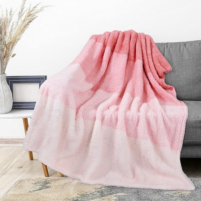 PAVILIA Fluffy Sherpa Throw Blanket Ombre | Gradient Plush, Soft, Fuzzy, Decorative Accent Throw Blanket for Couch Sofa Bed | Cozy Warm Decorative Furry Faux Fur Blanket, 50x60 Inches Pink