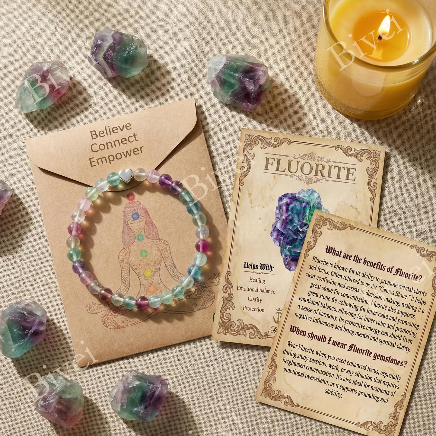 Bivei 6mm Fluorite Crystal Stretch Bracelets for Women, Handmade Natural Stone Beaded Bracelet, Yoga Protection Jewelry Gift