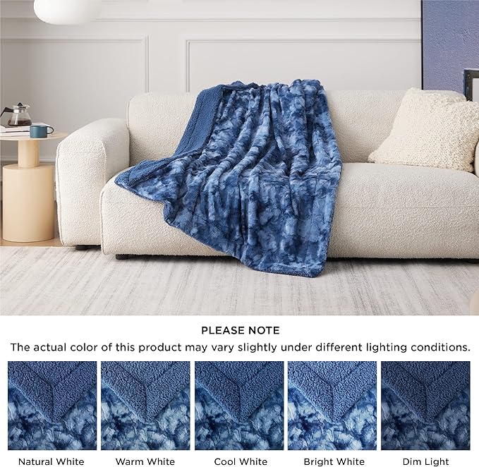Bedsure Sherpa Blanket - Soft, Fuzzy & Fluffy Faux Fur - Warm, Cozy Throw Blanket for Couch, Sofa and Bed, Tie Dye Design, Indigo, 50x60 Inches
