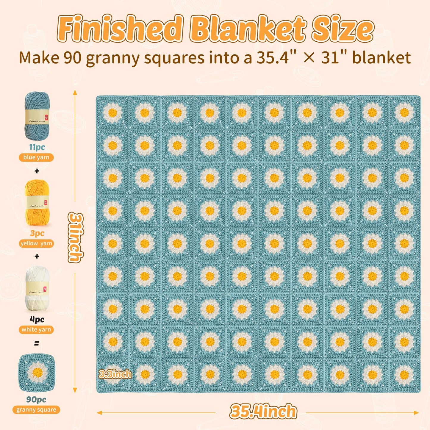 Fitsu Crochet Kit for Beginners, Daisy Granny Square Blanket Crochet Starter Kit with Yarn, Hooks, Step-by-Step Book & Video Tutorials, Easy Learn-to-Crochet Gift Set for Adults and Beginners