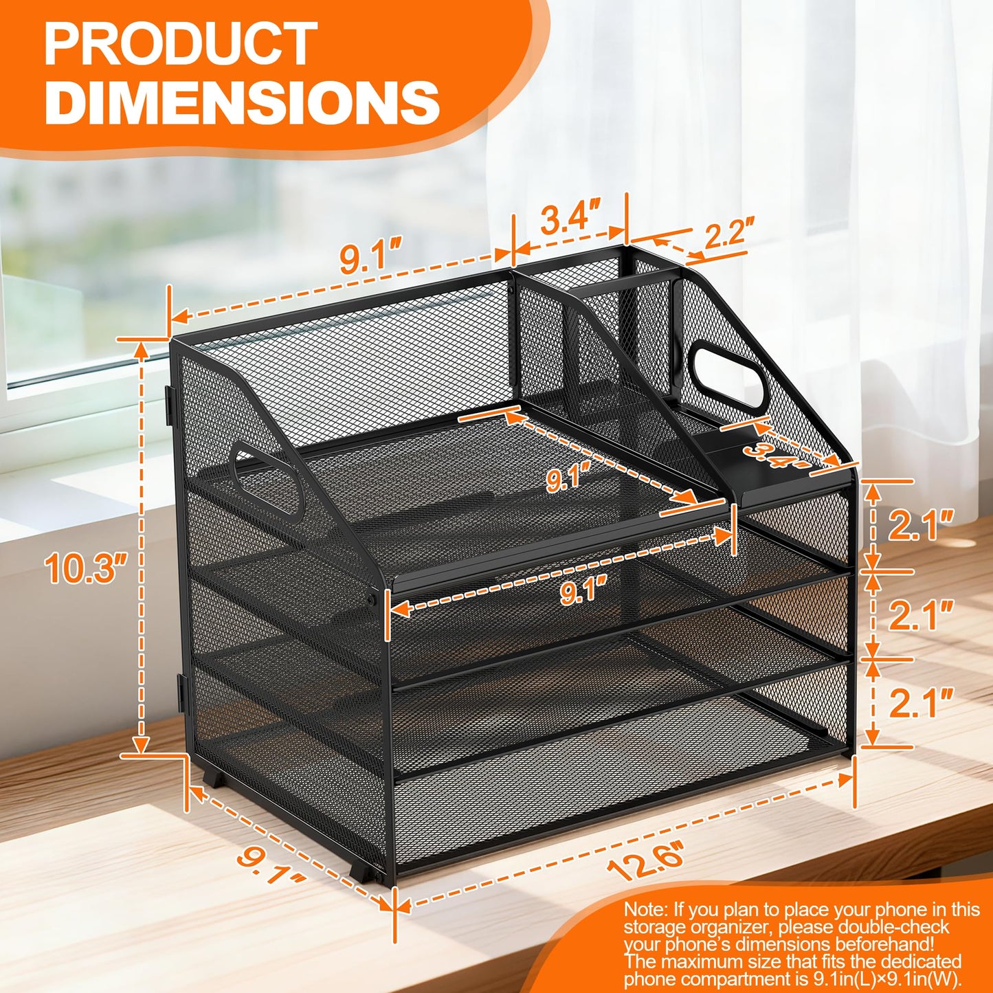 DocNest 4 Tier Metal Mesh Letter Tray - Space Saving Desk File Organizer with Handle, Pen Holder & Folder Holder - Desktop Document Sorter for Office, Home, School, Classroom - Black