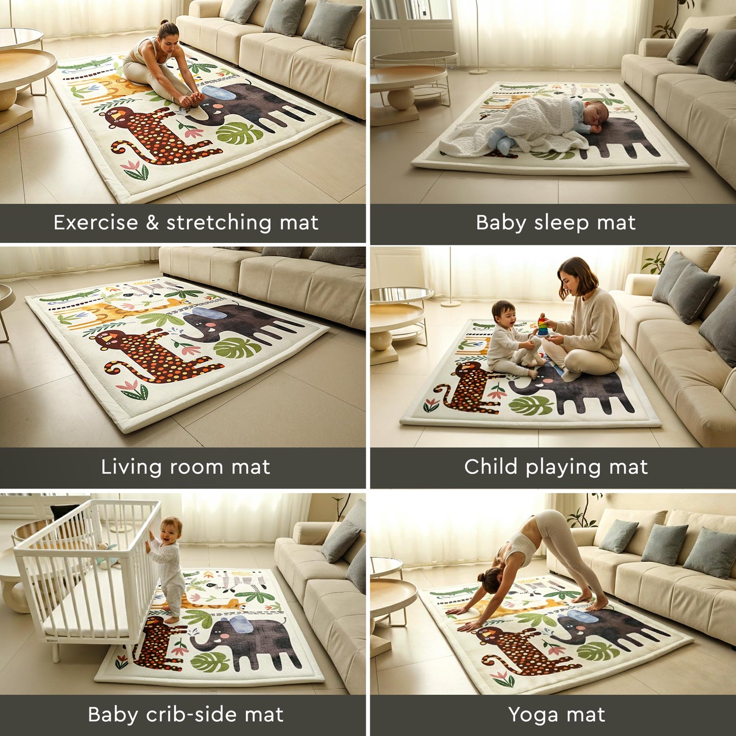 Halaluxe Baby Play Mat 60"x80" Extra Thick (1.4") | Memory Foam Crawl Mat for Infants & Toddlers | Non-Slip | Waterproof | Tummy Time | Animal Print Floor Rug