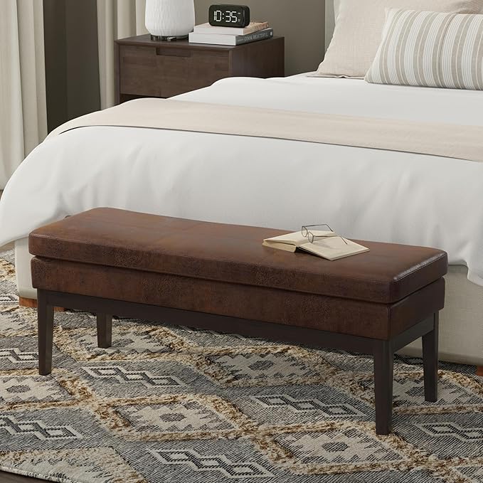 SIMPLIHOME Carlson 45-inch Wide Vegan Faux Leather Ottoman Bench in Distressed Black with Solid Wood Frame for Living Room, Entryway, or Bedroom