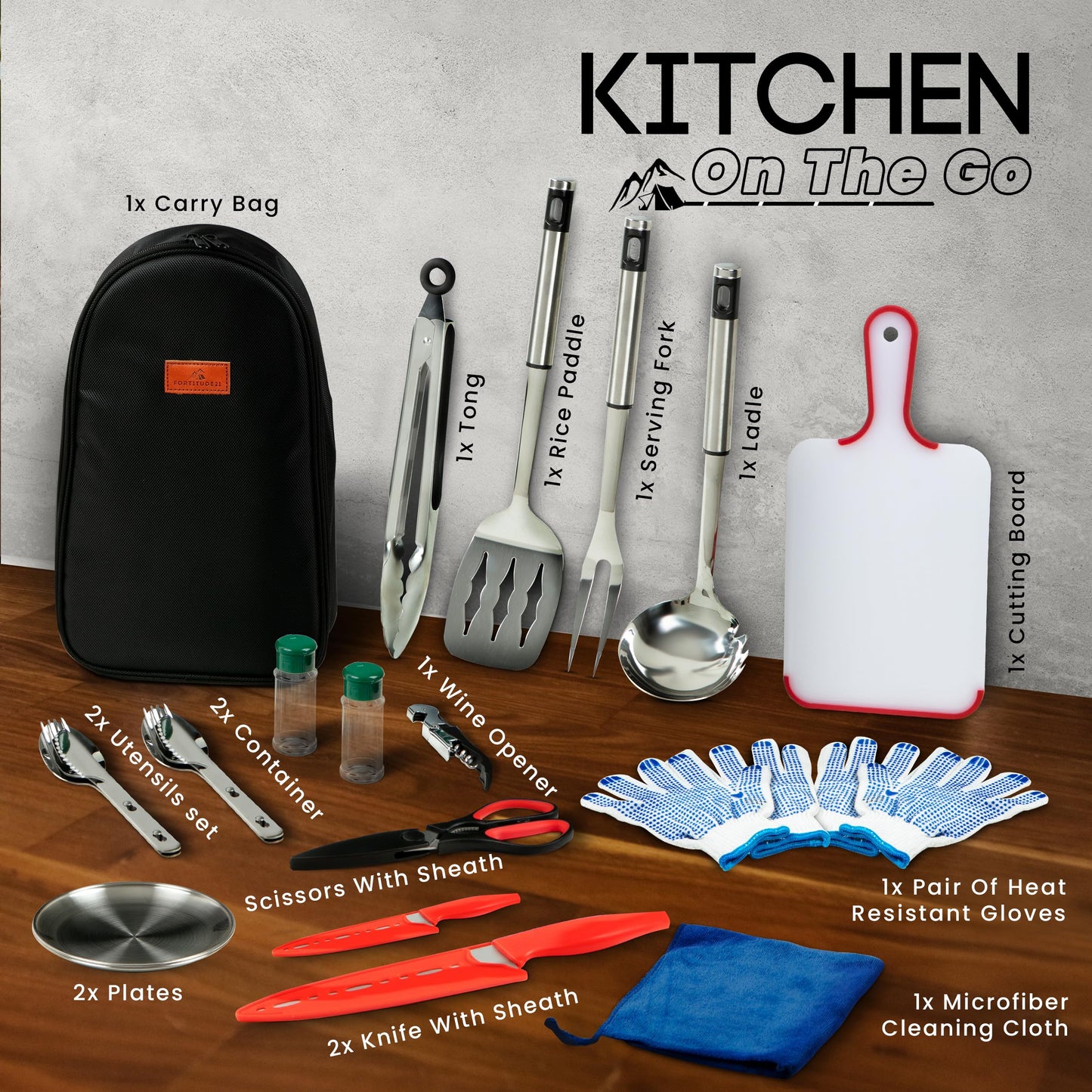 Fortitude21 Camping Gear, Cooking Set, 21pcs Accessories Cooking, Kitchen Camp & Organizer, Utensil Equipment, Tools Stuff Black