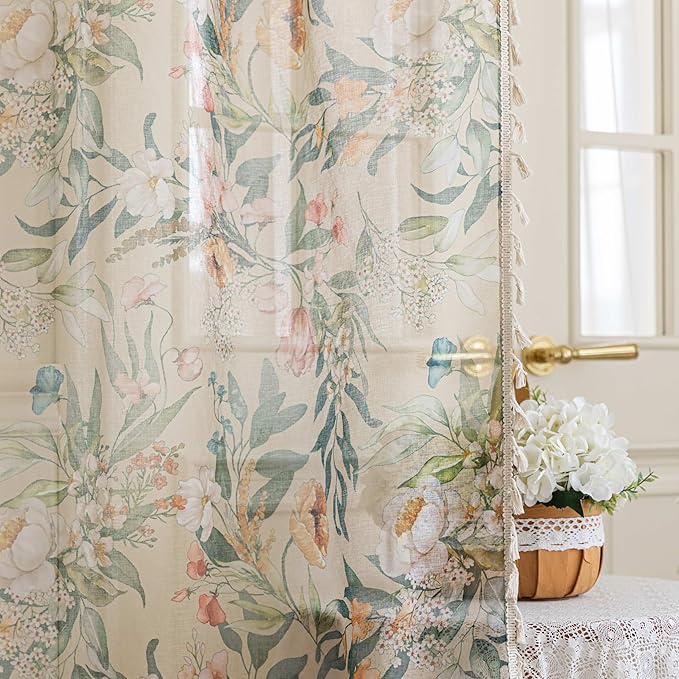 Floral Sheer Curtains 63 inch Long, Fringed Edges and Textured Semi Sheer Curtains Large Window Treatments for Living Room/Bedroom, 2 Panels