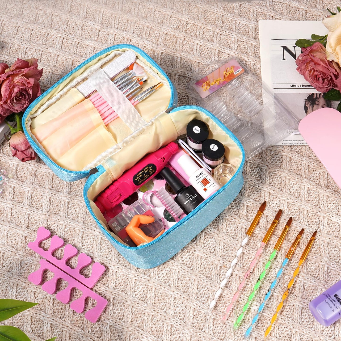 Nail Kit for Beginners with Everything: Acrylic Nail Set Professional Drill Powder Liquid Starter Kits with U V Lamp in Cosmetic Gift Bag for Women Salon Home(Blue)