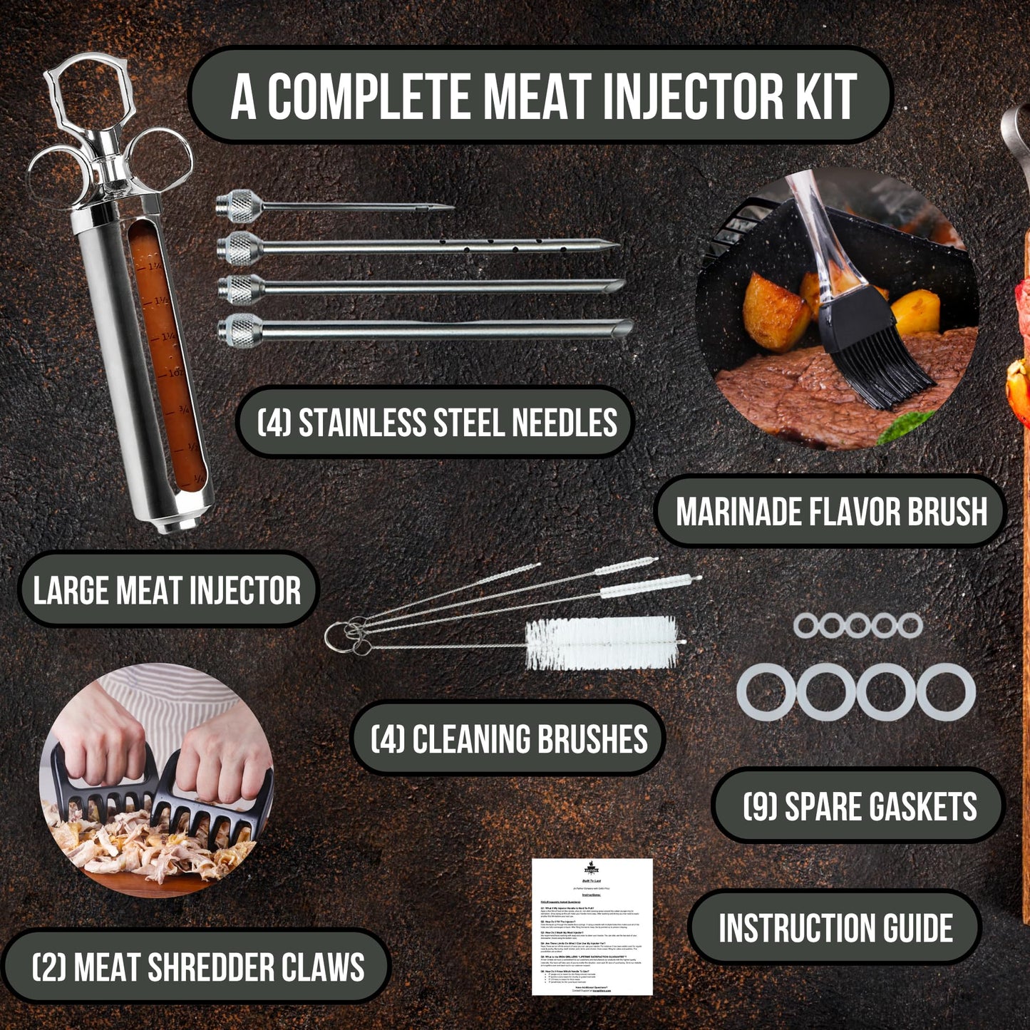 Professional Meat Injector Marinade Syringe Kit for Smoking & Grilling Turkey & Brisket, Large 2 Oz Stainless Steel Visible Capacity, Never Leaks or Clogs - BBQ Gifts for Men - Built to Last Years