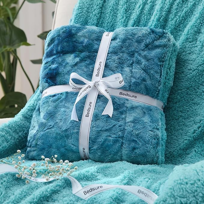 Bedsure Sherpa Blanket Queen Size - Soft, Fuzzy & Fluffy Faux Fur - Warm, Cozy Blanket for Couch, Sofa and Bed, Tie Dye Design, Teal, 90x90 Inches