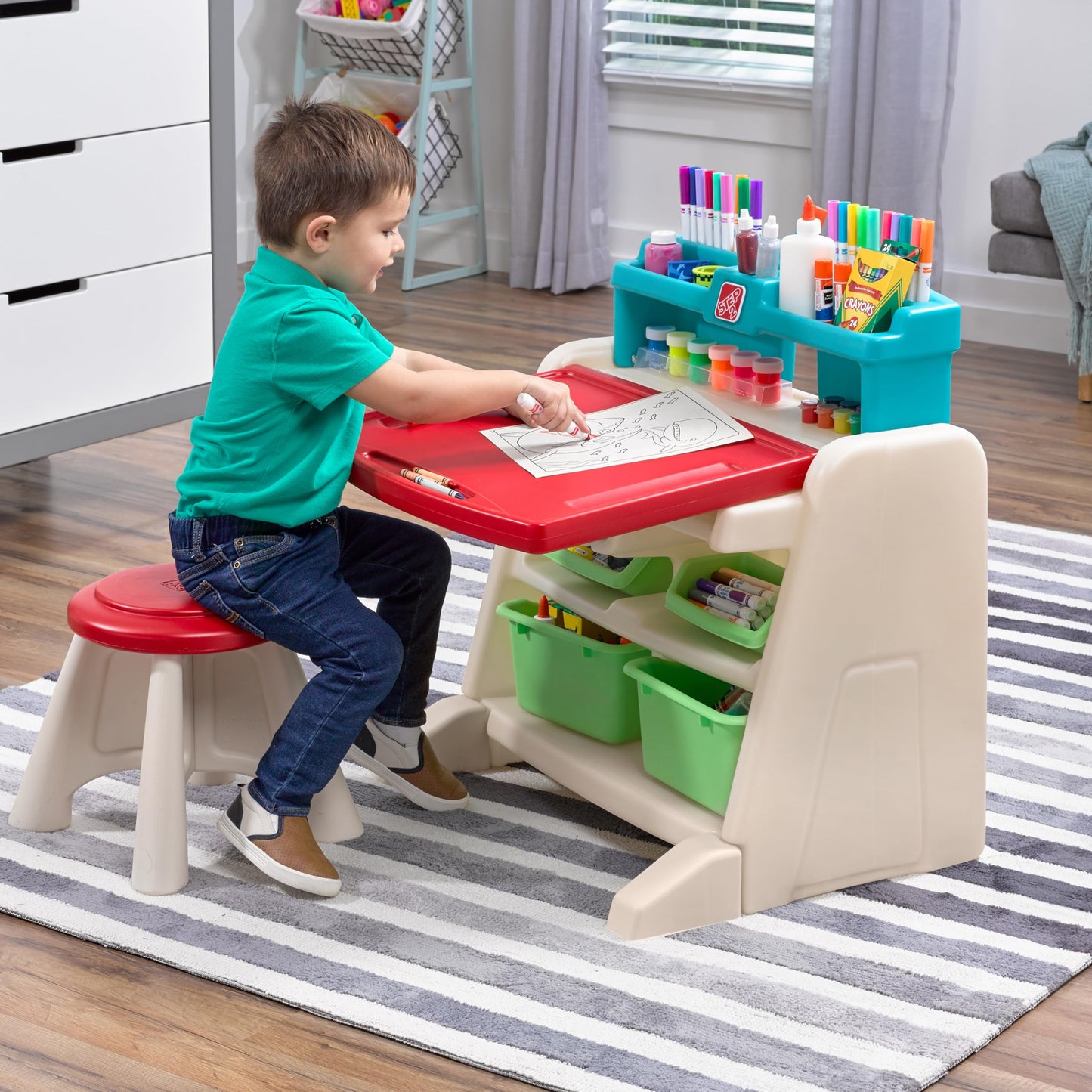 Step2 Flip & Doodle Easel Desk With Stool, Kids 2 in 1 Activity Table, Art Board, Made of Durable Plastic, For Toddlers 2+ Years Old